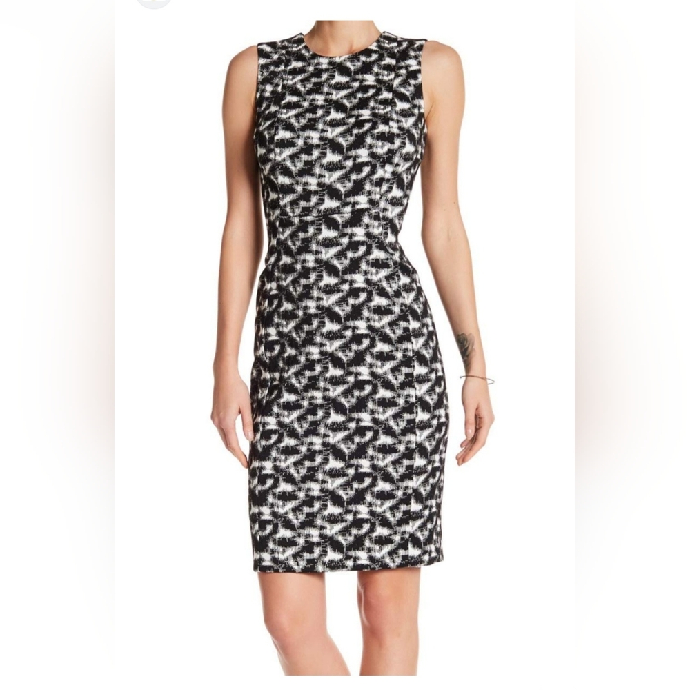 Calvin Klein Black & White Geometric Print Textured Sheath Dress Women's Size 8